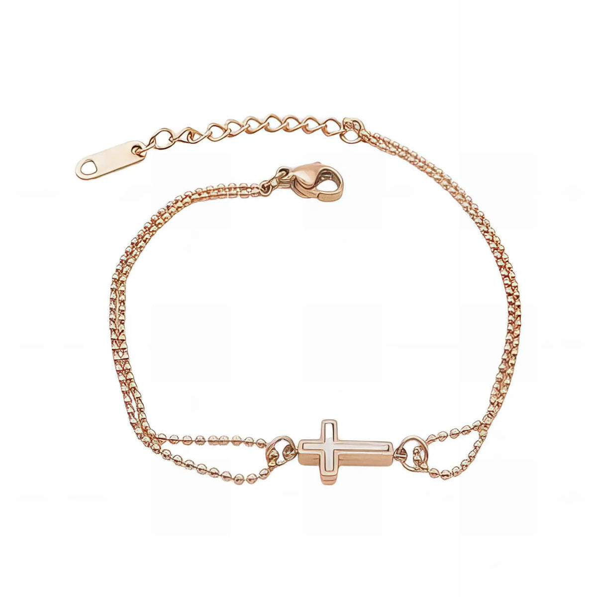 Ατσάλινη αλυσίδα χεριού διπλή με σταυρό ροζ χρυσό (B3088) - charmy.gr