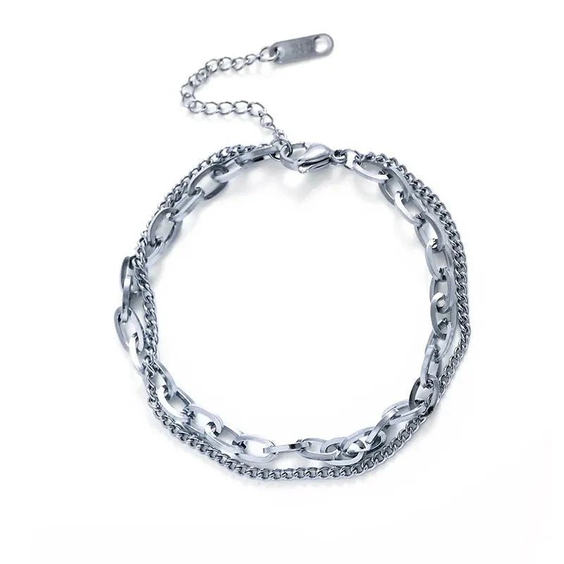 Ατσάλινη αλυσίδα χεριού διπλή χρώμα ασημί (B1402) - charmy.gr