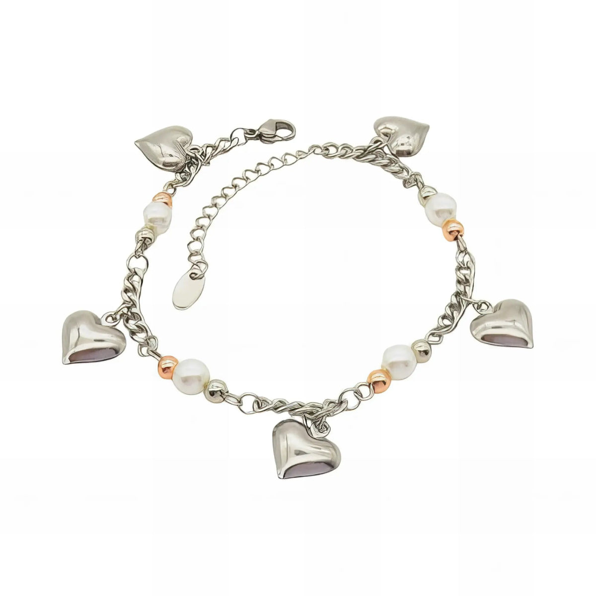 Ατσάλινη αλυσίδα χεριού με καρδιές και πέρλες (B3032) - charmy.gr