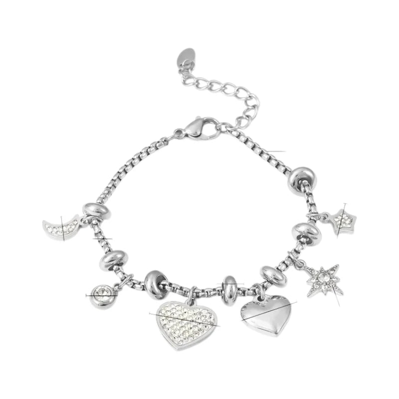 Ατσάλινο Ασημί Βραχιόλι με Κρεμαστά Charms & Ζιργκόν (B1702) - charmy.gr