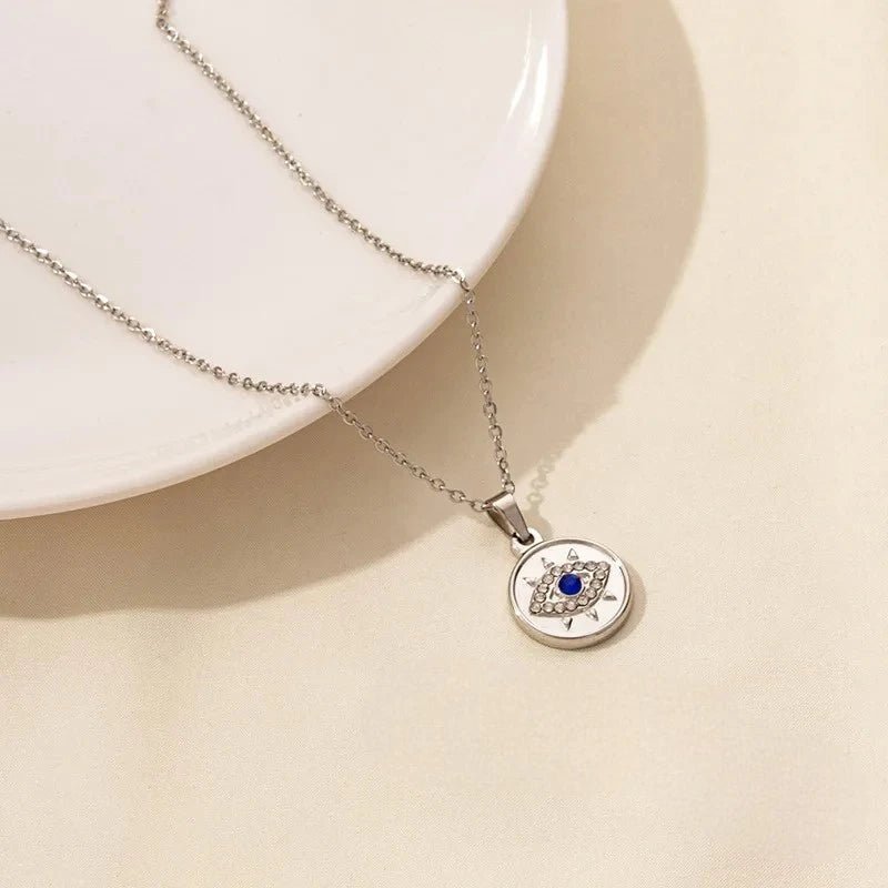 Ατσάλινο Ασημί Κολιέ με Μάτι και Αστέρι (N1794) - charmy.gr