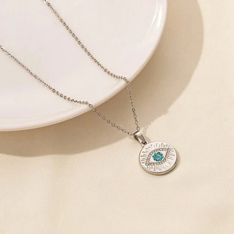 Ατσάλινο Ασημί Κολιέ με Μενταγιόν Μάτι με Ζιργκόν (N1801) - charmy.gr