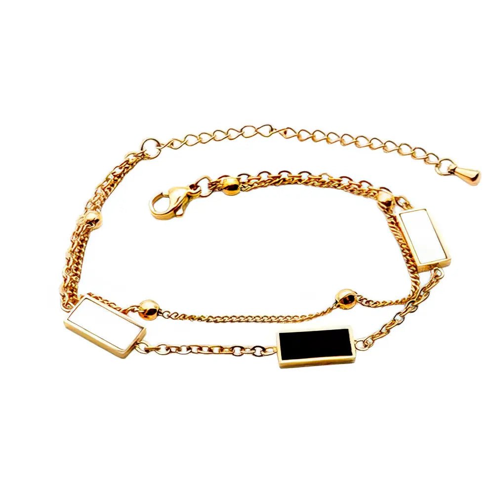 Ατσάλινο Βραχιόλι Διπλής Αλυσίδας με Ορθογώνιες Πέτρες Ροζ Χρυσό (B3462) - charmy.gr