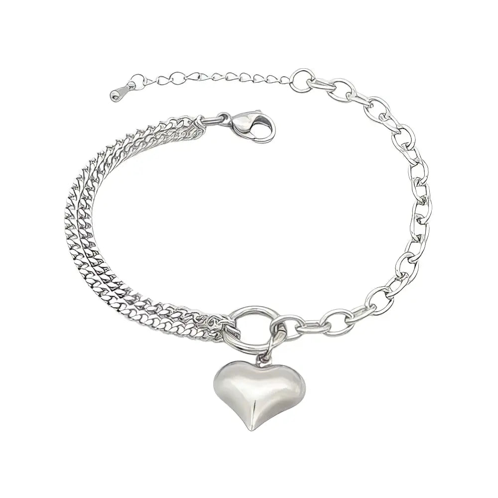 Ατσάλινο Βραχιόλι Διπλής Αλυσίδας με Σύμβολο Καρδιάς (B3404) - charmy.gr