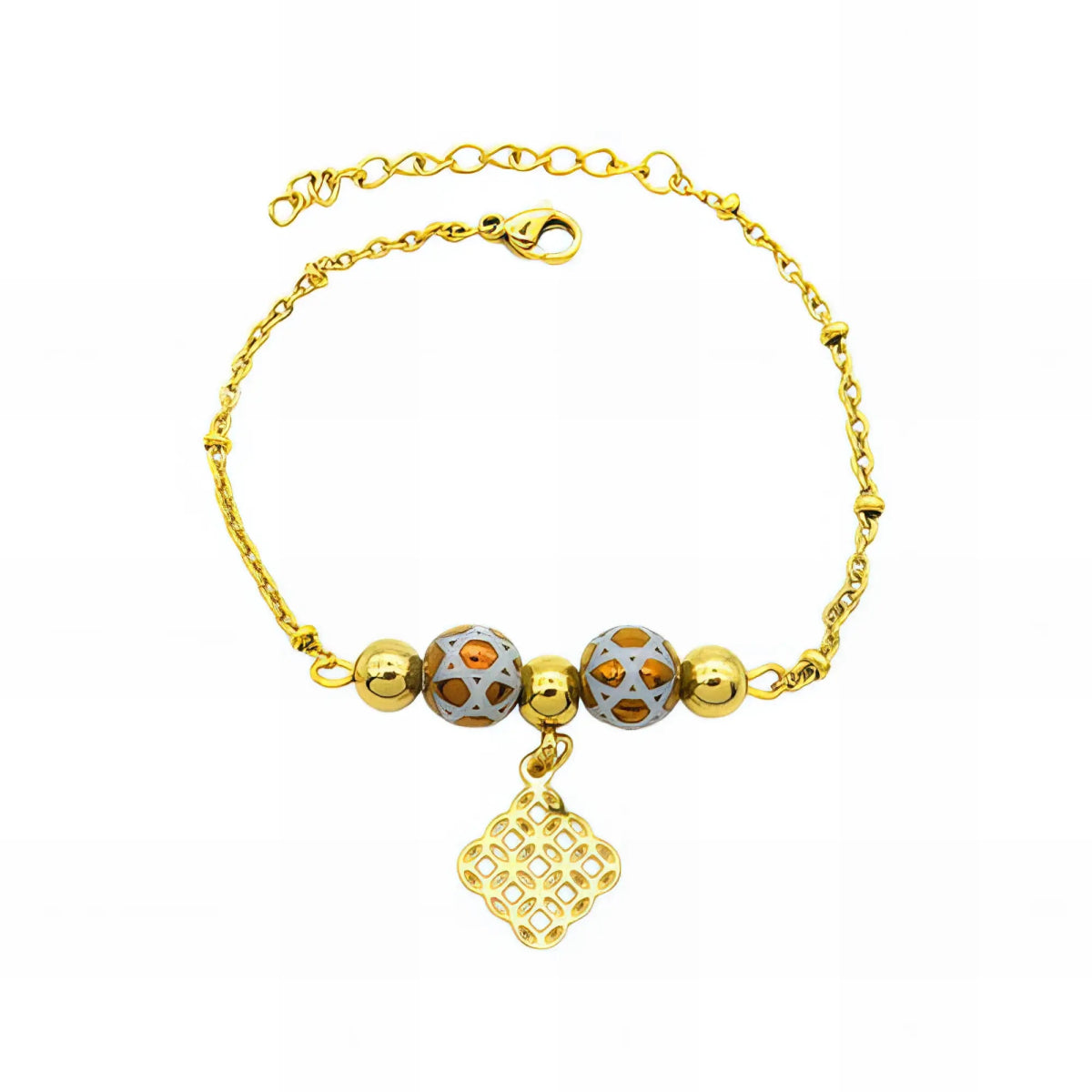 Ατσάλινο βραχιόλι επιχρυσωμένο με χάντρες & γεωμετρικό κρεμαστό (B3130) - charmy.gr