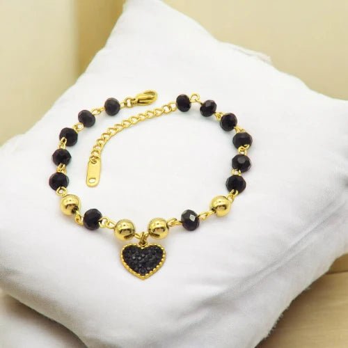 Ατσάλινο βραχιόλι καρδιά με μαύρες και χρυσές χάντρες (B3020) - charmy.gr