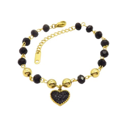 Ατσάλινο βραχιόλι καρδιά με μαύρες και χρυσές χάντρες (B3020) - charmy.gr