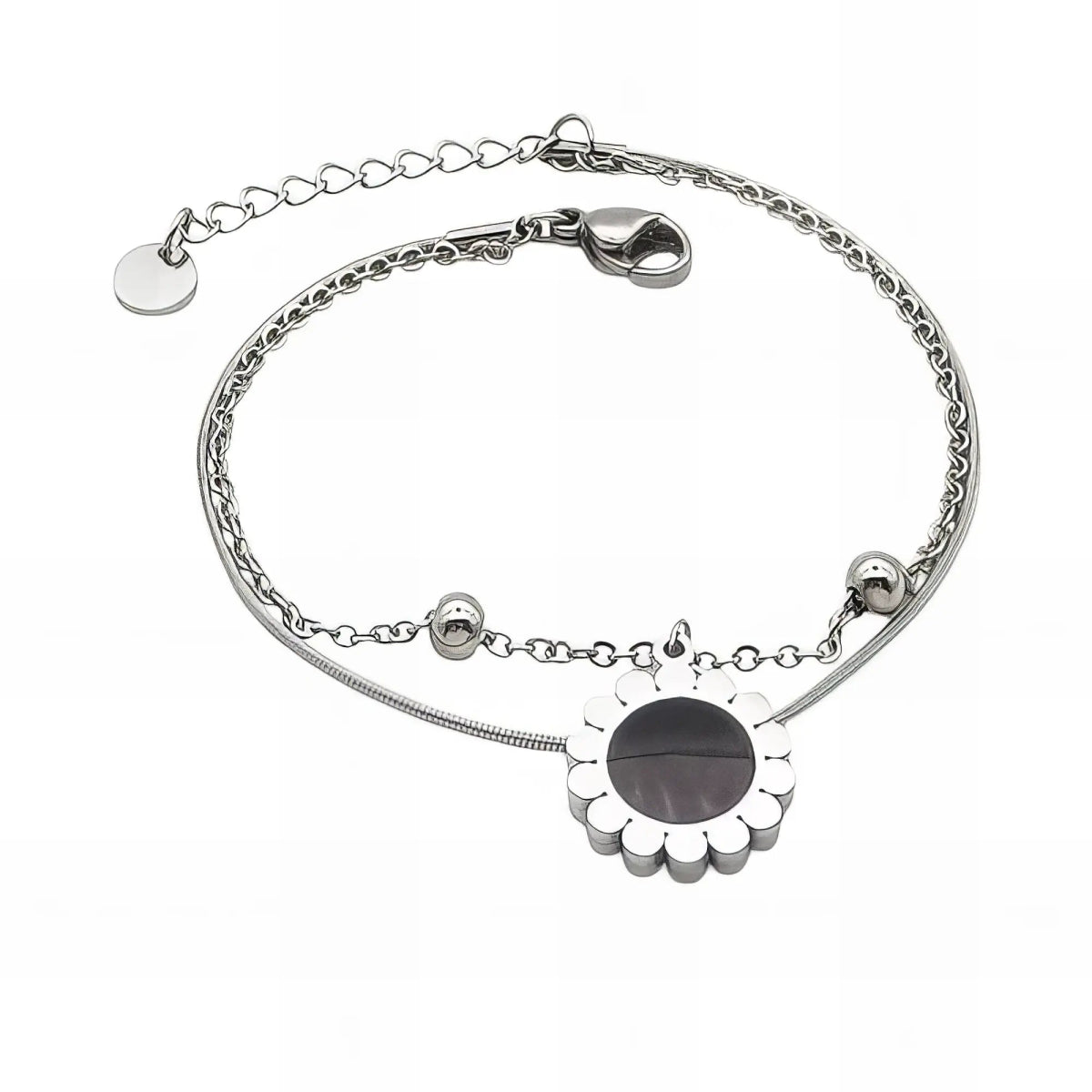 Ατσάλινο βραχιόλι με διπλή αλυσίδα λουλούδι (B3162) - charmy.gr