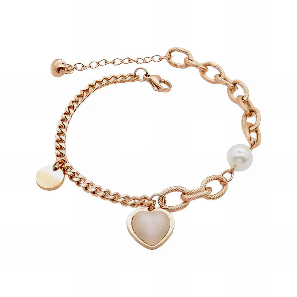 Ατσάλινο βραχιόλι με καρδιά & πέρλα ροζ χρυσό 18k (B3094) - charmy.gr