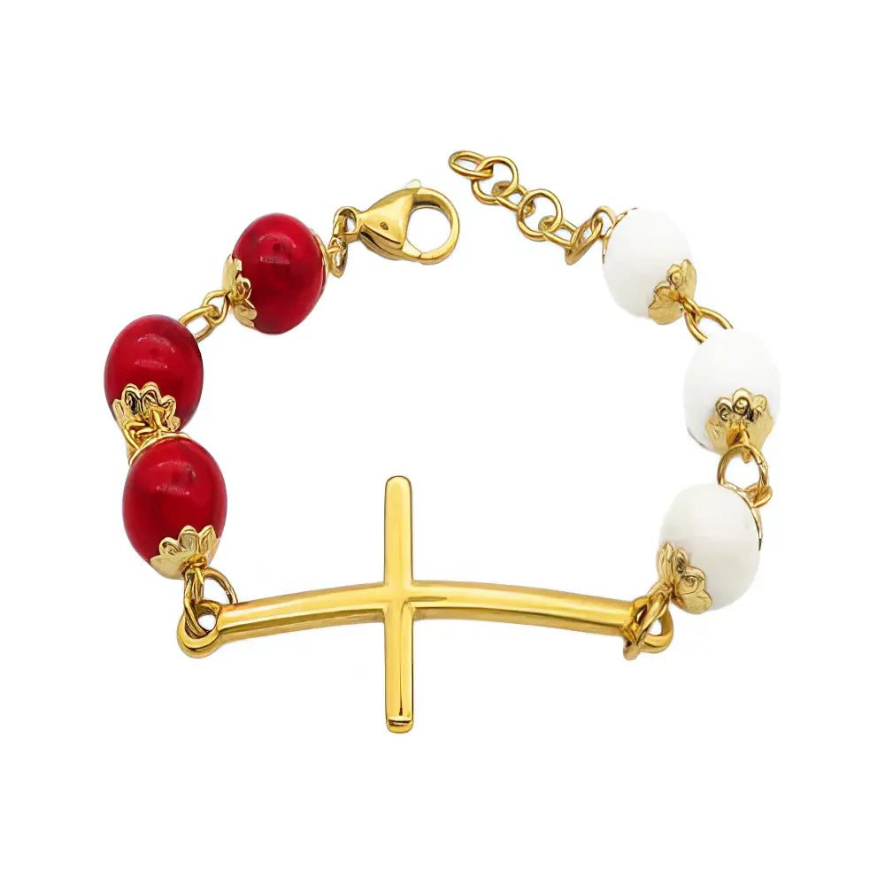 Ατσάλινο Βραχιόλι με Κόκκινες και Λευκές Χάντρες, Χρυσό Σταυρό (B3423) - charmy.gr