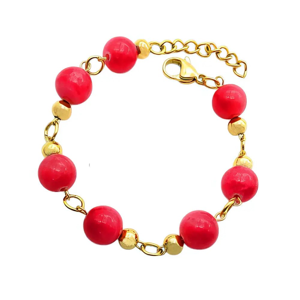 Ατσάλινο Βραχιόλι με Κόκκινες Χάντρες και Χρυσές Λεπτομέρειες (B3426) - charmy.gr