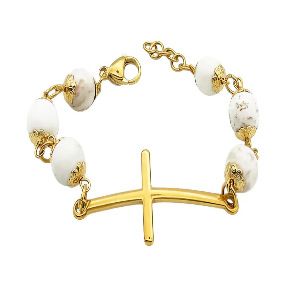 Ατσάλινο Βραχιόλι με Λευκές Χάντρες και Χρυσό Σταυρό (B3424) - charmy.gr