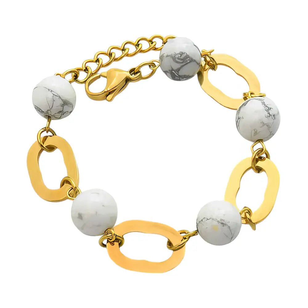 Ατσάλινο Βραχιόλι με Λευκές Χάντρες και Χρυσούς Οβάλ Κρίκους (B3427) - charmy.gr