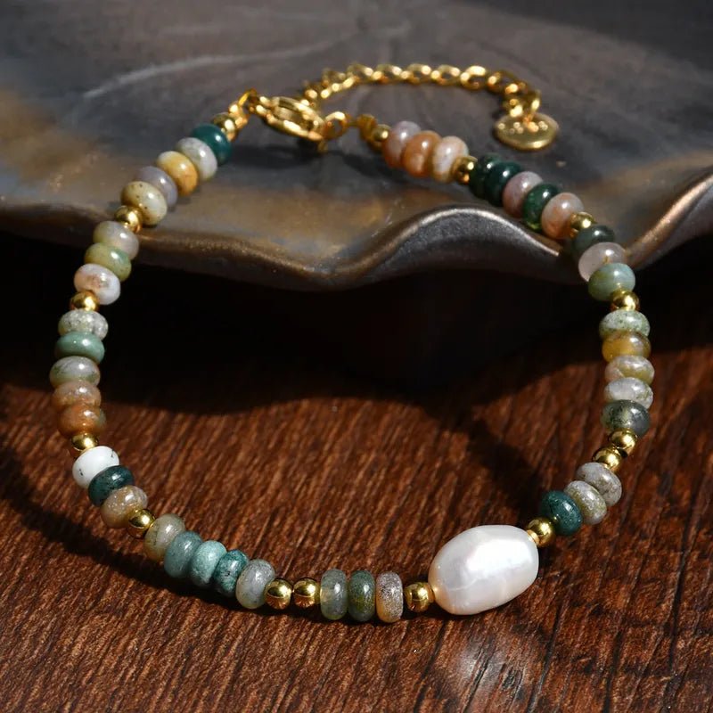 Ατσάλινο βραχιόλι με μαργαριτάρι του γλυκού νερού και χάντρες (B1673) - charmy.gr