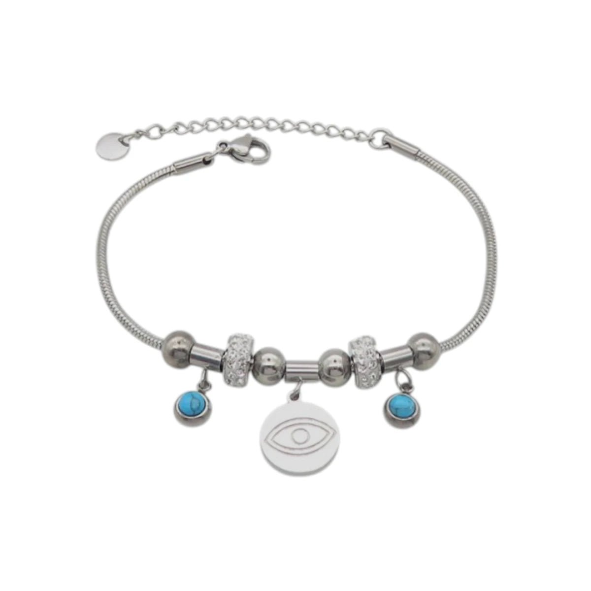 Ατσάλινο Βραχιόλι με Μάτι και Τιρκουάζ Λεπτομέρειες (B3475) - charmy.gr