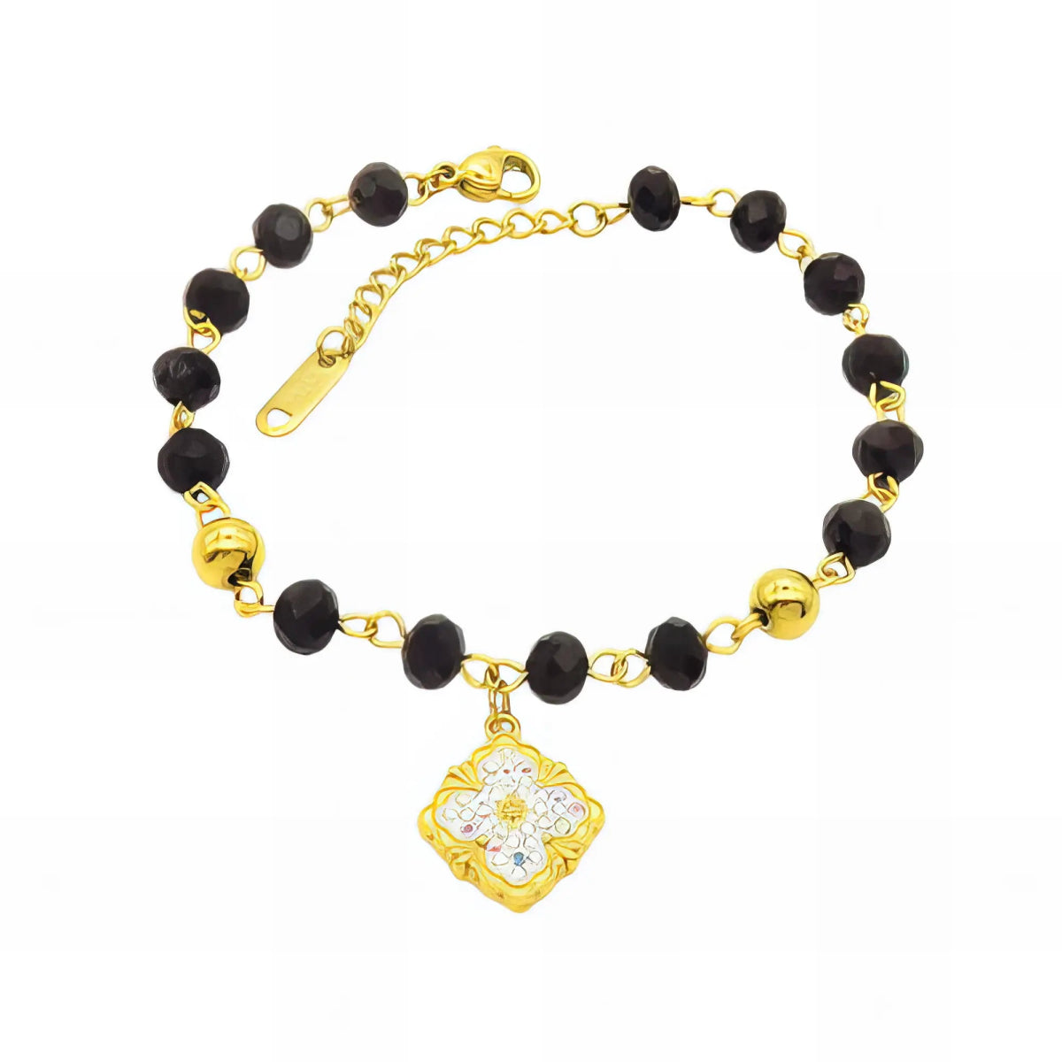 Ατσάλινο βραχιόλι με μαύρες και χρυσές χάντρες (B3018) - charmy.gr