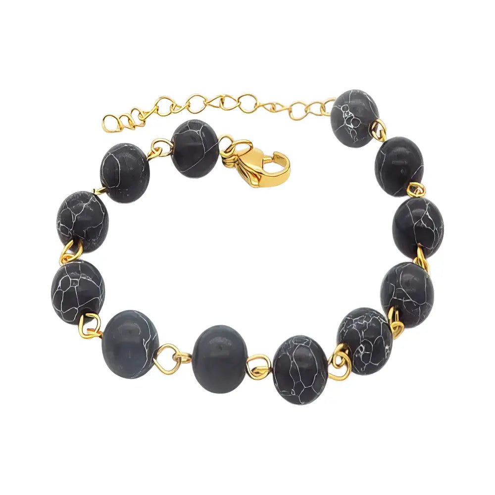 Ατσάλινο Βραχιόλι με Μαύρες Χάντρες και Χρυσή Αλυσίδα (B3418) - charmy.gr