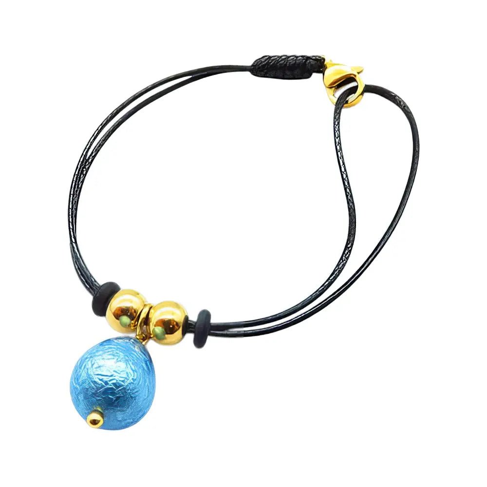 Ατσάλινο Βραχιόλι με Μαύρο Κορδόνι και Γαλάζιο Κρεμαστό Στοιχείο (B3435) - charmy.gr