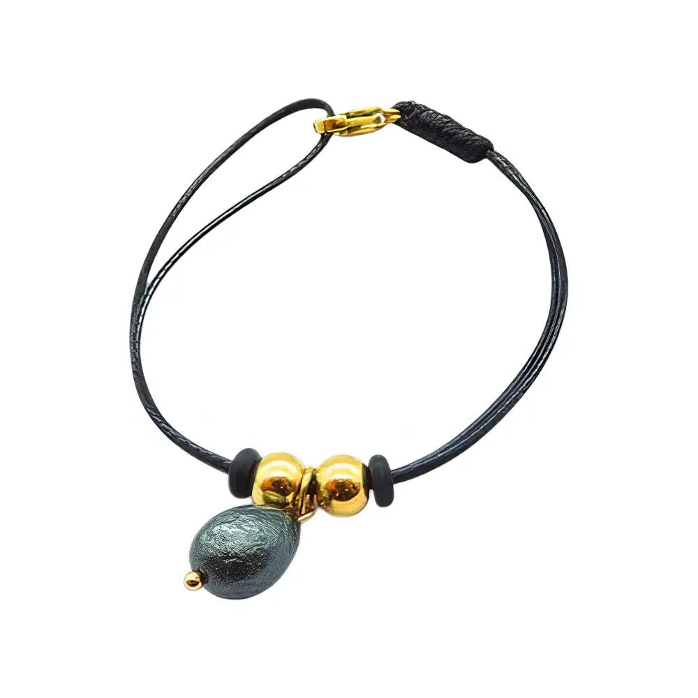 Ατσάλινο Βραχιόλι με Μαύρο Κορδόνι και Οβάλ Μοτίφ (B3436) - charmy.gr