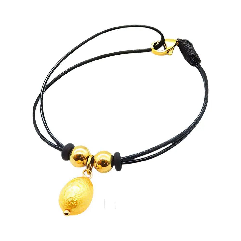 Ατσάλινο Βραχιόλι με Μαύρο Κορδόνι και Χρυσό Οβάλ Μοτίφ (B3434) - charmy.gr