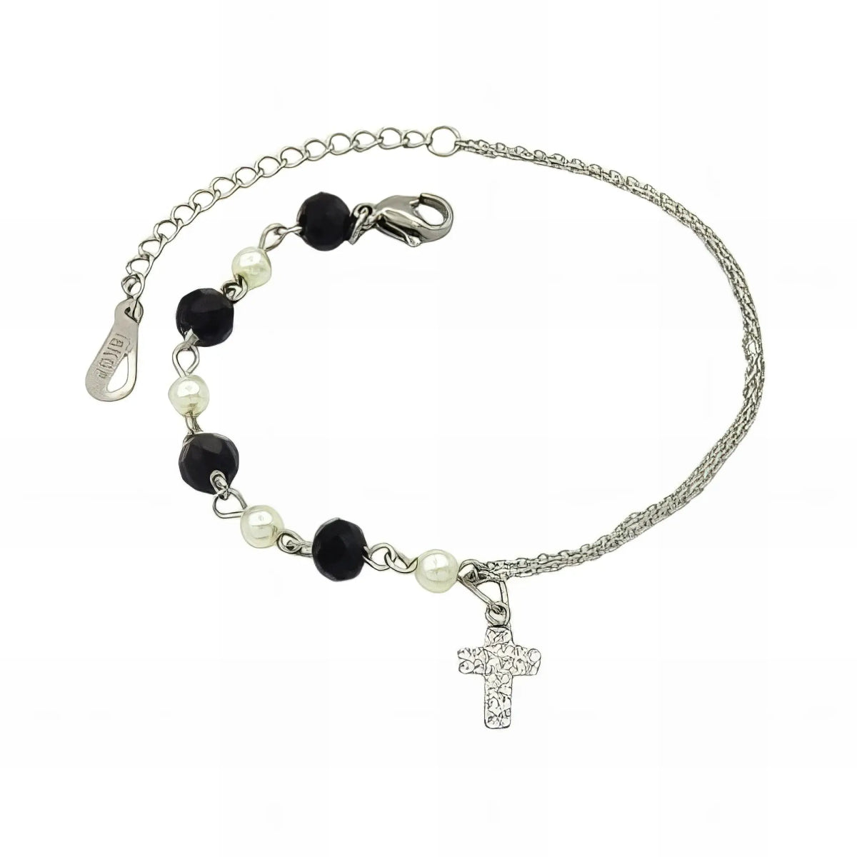 Ατσάλινο βραχιόλι με πέρλες χάντρες και σταυρό (B3157) - charmy.gr
