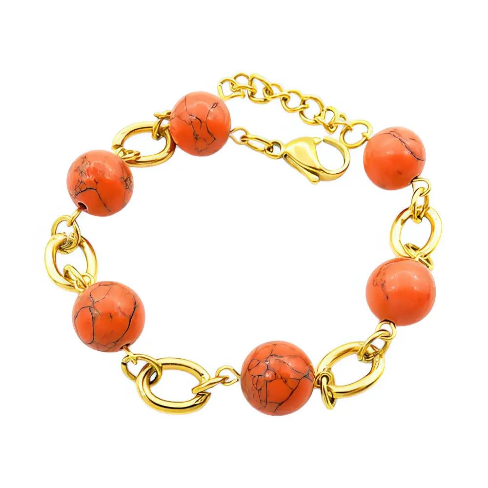 Ατσάλινο Βραχιόλι με Πορτοκαλί Χάντρες και Χρυσούς Κρίκους (B3425) - charmy.gr