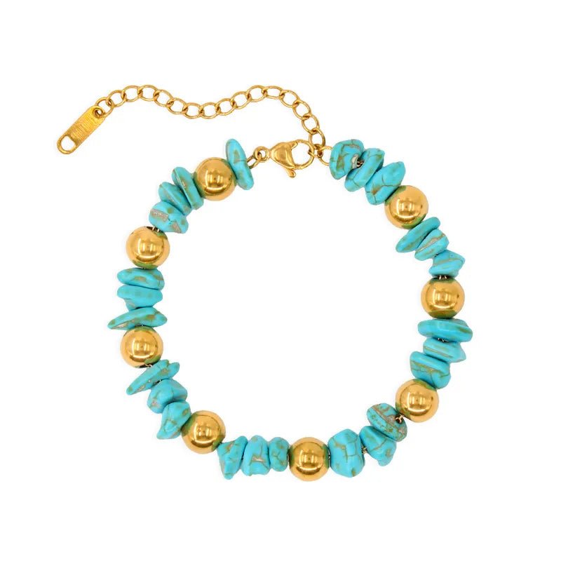 Ατσάλινο βραχιόλι με τυρκουάζ πέτρες και χρυσές χάντρες (B1656) - charmy.gr