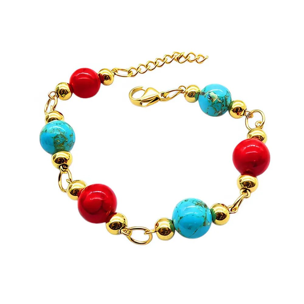 Ατσάλινο Βραχιόλι με Χάντρες Τιρκουάζ και Κόκκινες Χάντρες (B3431) - charmy.gr