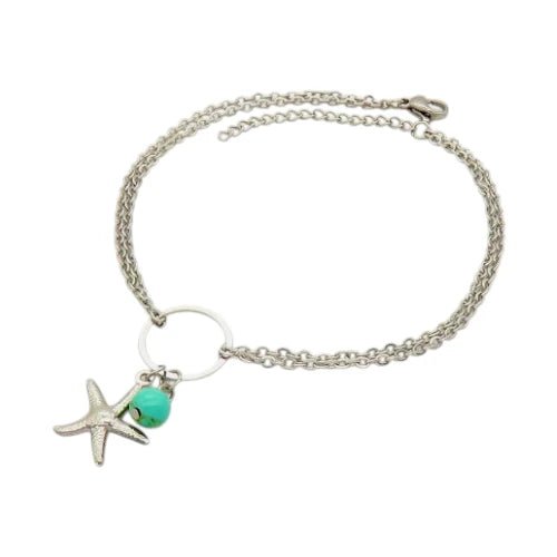 Ατσάλινο Βραχιόλι Ποδιού με Αστερία και Τιρκουάζ Χάντρες (A1028) - charmy.gr