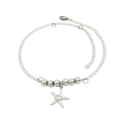 Ατσάλινο Βραχιόλι Ποδιού με Κρεμαστό Αστερία και Χάντρες (A1029) - charmy.gr