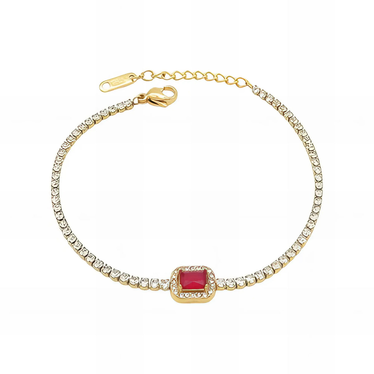 Ατσάλινο βραχιόλι ριβιέρα με κόκκινη πέτρα ζιργκόν 18k (B3058) - charmy.gr
