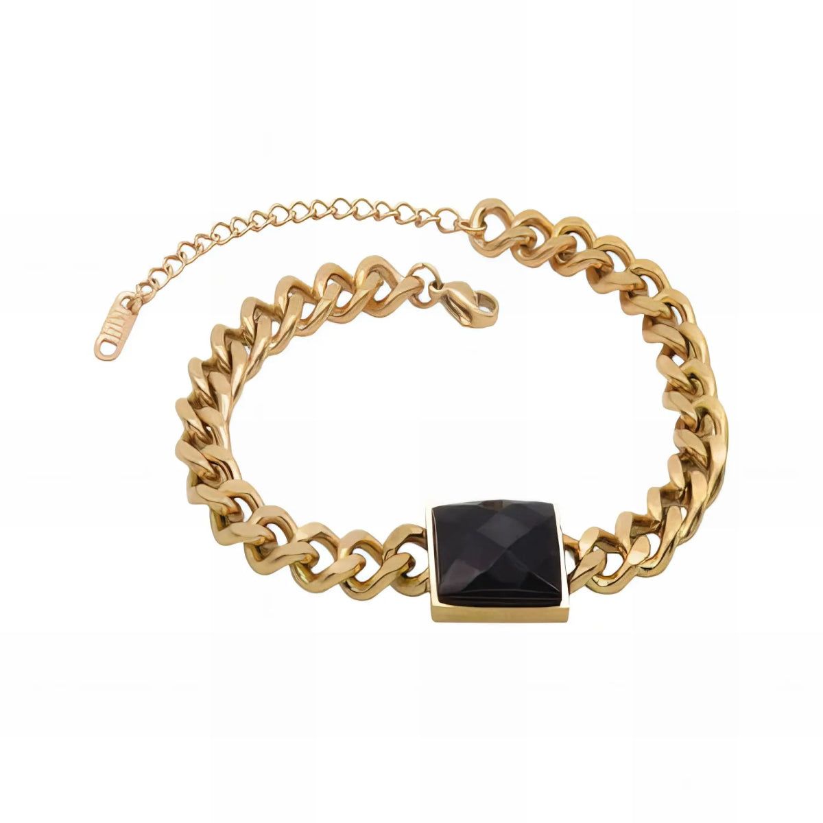 Ατσάλινο βραχιόλι ροζ χρυσό με χοντρή αλυσίδα και μαύρη πέτρα (B3226) - charmy.gr