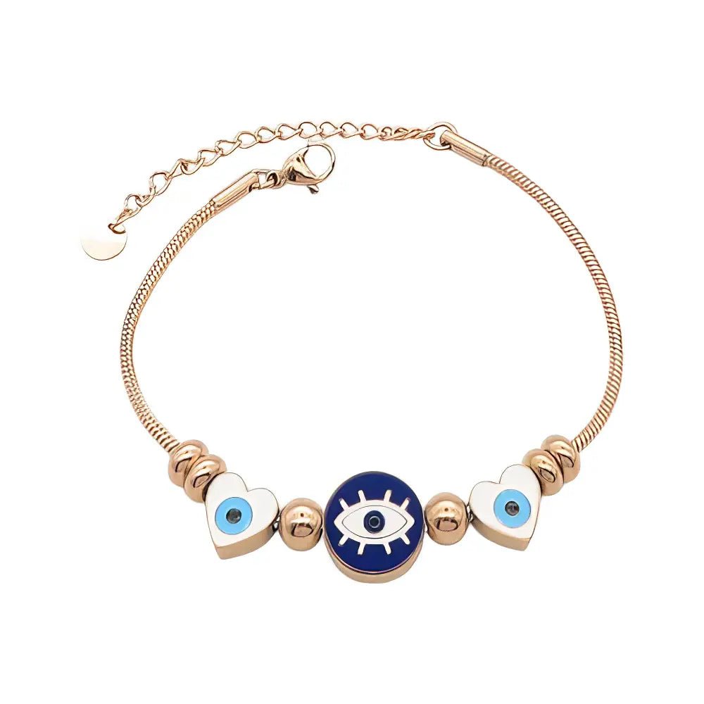 Ατσάλινο Βραχιόλι Snake Chain με Μάτι και Καρδιές από Σμάλτο (B3398) - charmy.gr