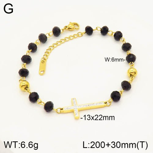 Ατσάλινο βραχιόλι σταυρός με μαύρες και χρυσές χάντρες (B3021) - charmy.gr