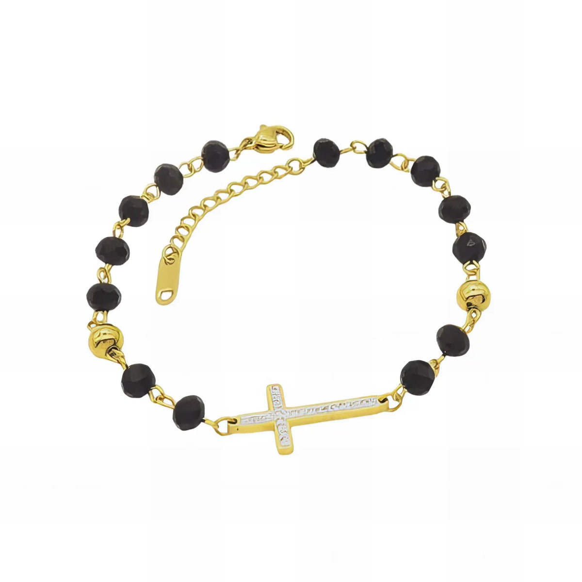 Ατσάλινο βραχιόλι σταυρός με μαύρες και χρυσές χάντρες (B3021) - charmy.gr