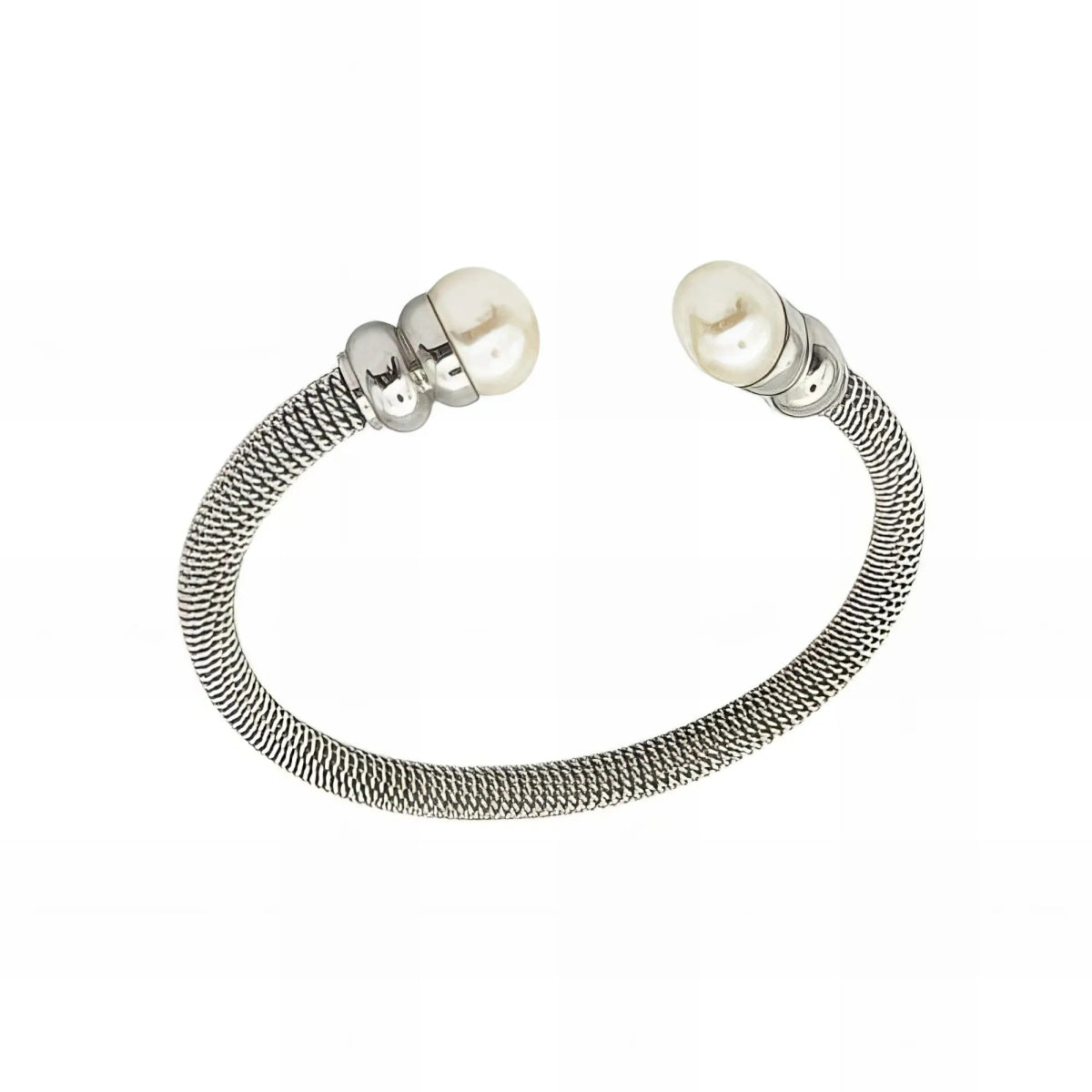 Ατσάλινο βραχιόλι χειροπέδα με πέρλες χρώμα ασημί (B3323) - charmy.gr