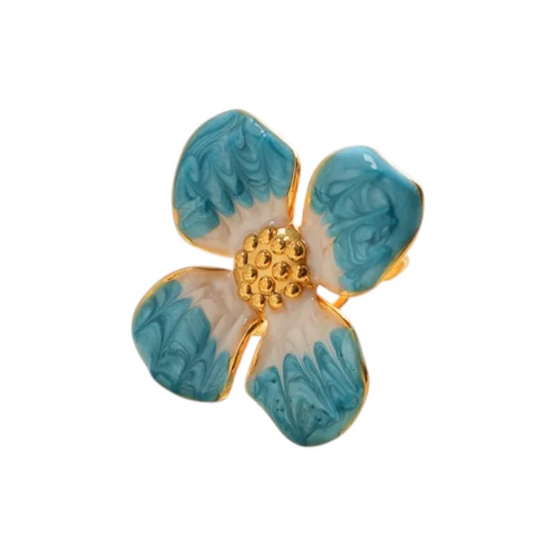 Ατσάλινο Δαχτυλίδι Λουλούδι Σμάλτο Τιρκουάζ - Χρυσό (R1447) - charmy.gr