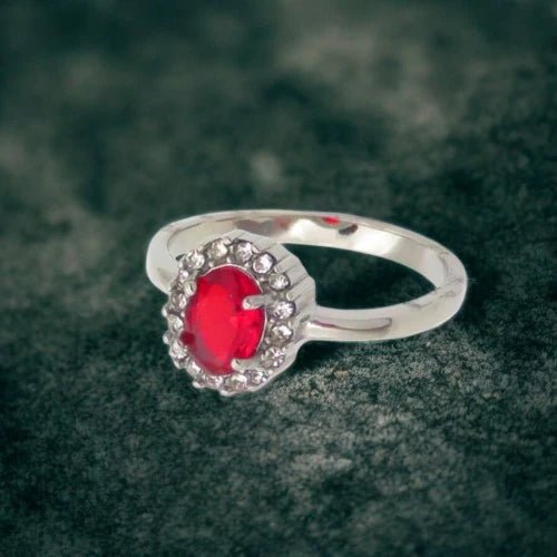 Ατσάλινο δαχτυλίδι ροζέτα κόκκινη πέτρα ζιργκόν (R3082) - charmy.gr