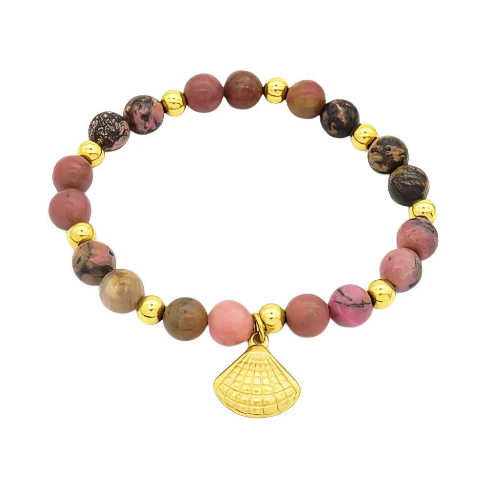 Ατσάλινο Ελαστικό Βραχιόλι με Χάντρες Ροδοχρωμίτη και Χρυσό Κοχύλι (B3422) - charmy.gr