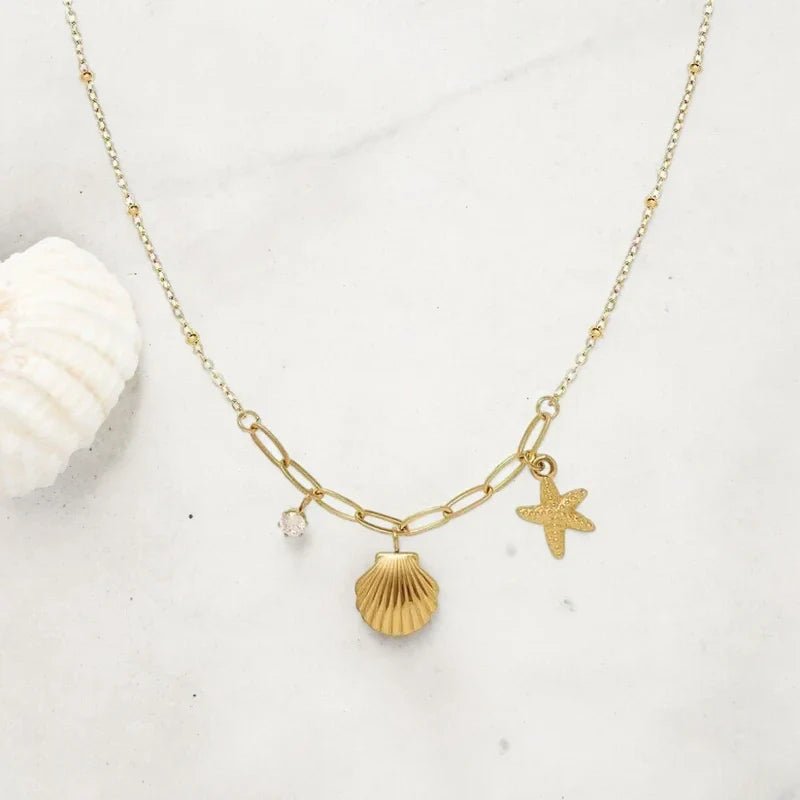 Ατσάλινο καλοκαιρινό κολιέ κοχύλι και αστερίας 18k (N1685) - charmy.gr