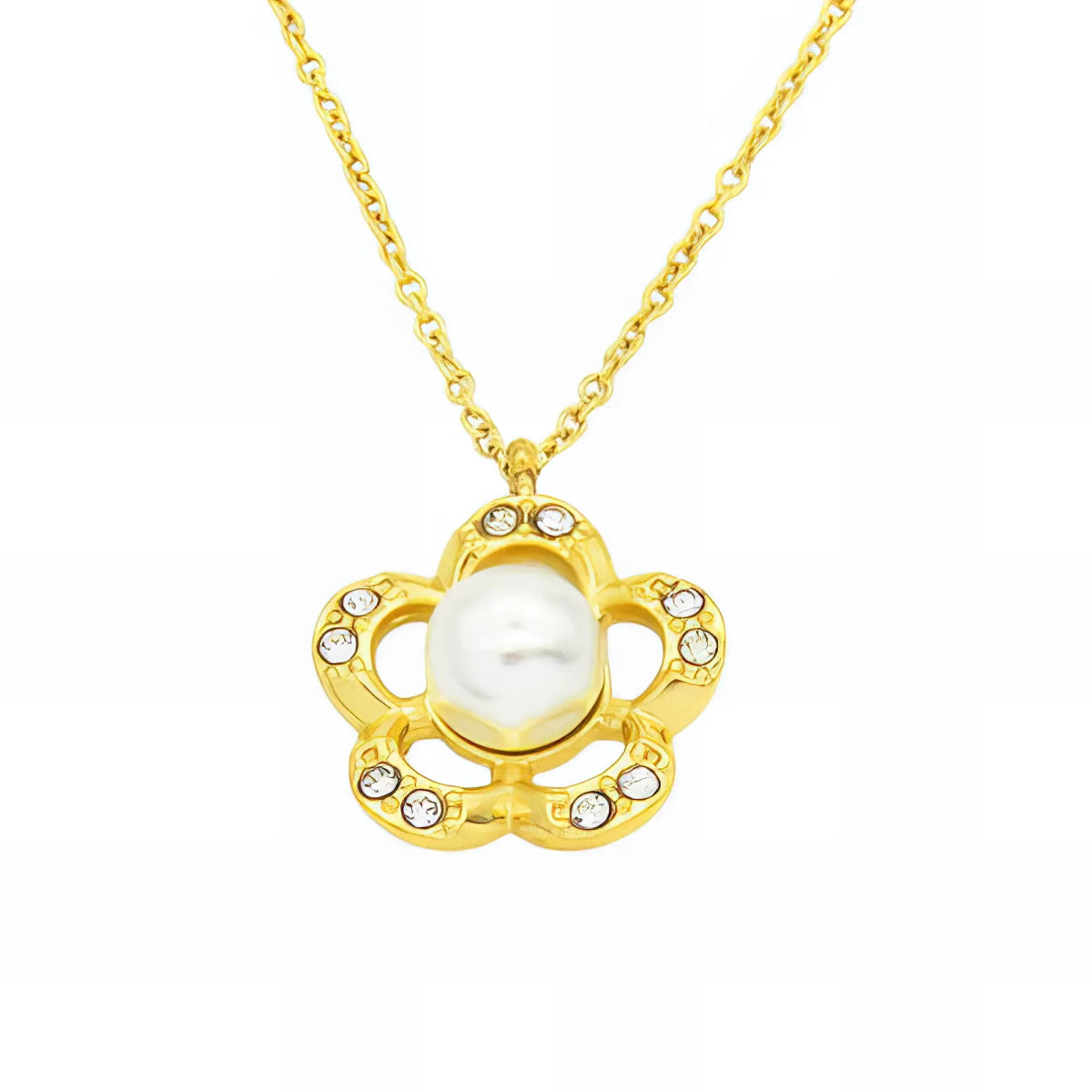 Ατσάλινο κολιέ επιχρυσωμένο λουλούδι με πέρλα & ζιργκόν (N3144) - charmy.gr