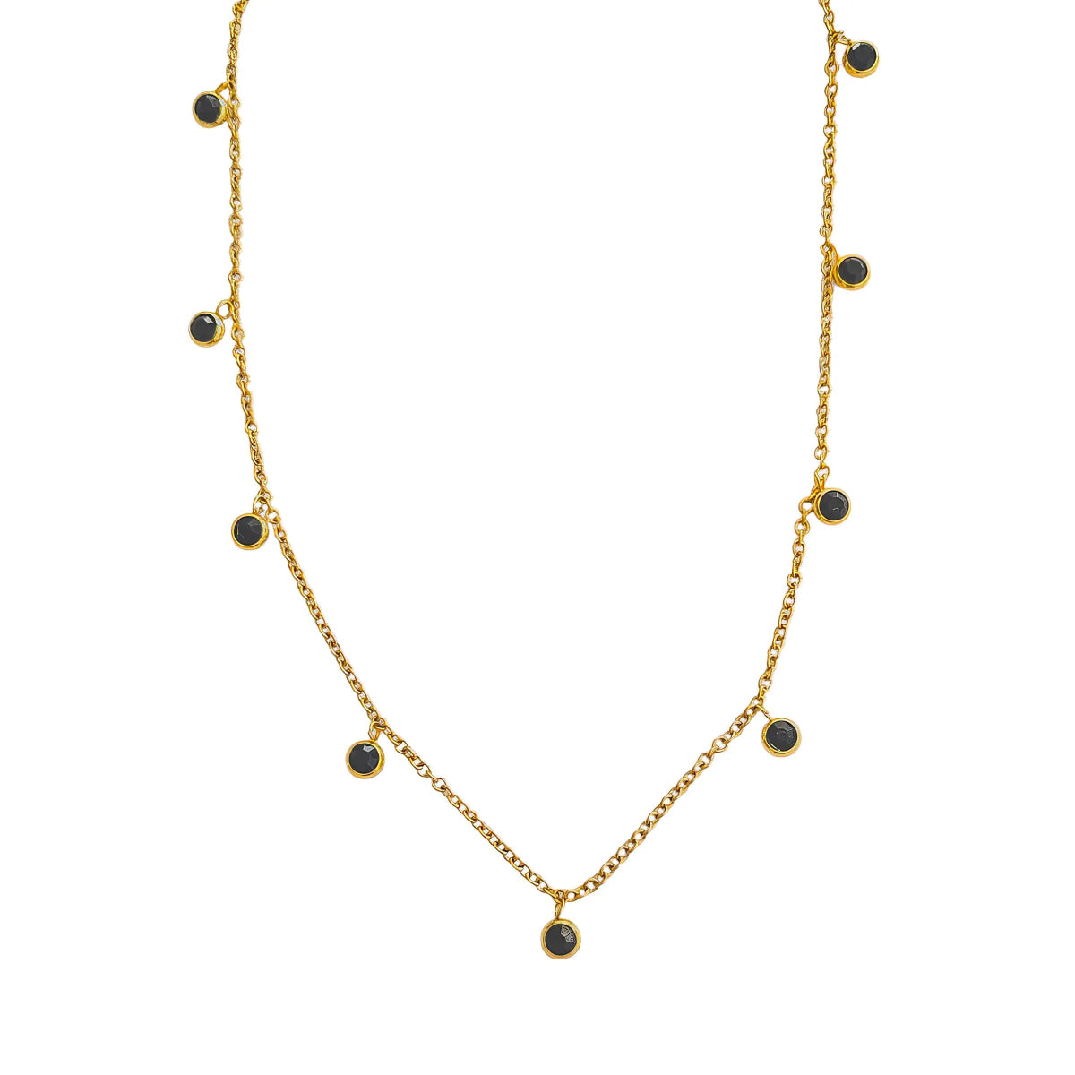 Ατσάλινο κολιέ επιχρυσωμένο με κρεμαστά μαύρα ζιργκόν (N3189) - charmy.gr