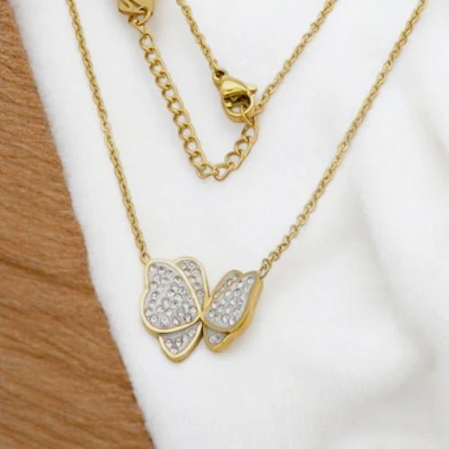 Ατσάλινο κολιέ επιχρυσωμένο πεταλούδα με ζιργκόν (N3114) - charmy.gr