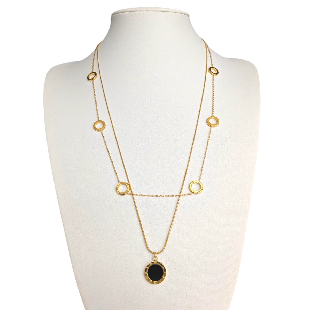 Ατσάλινο κολιέ μακρύ 60cm με διπλή αλυσίδα & κυκλικά στοιχεία (N3022) - charmy.gr