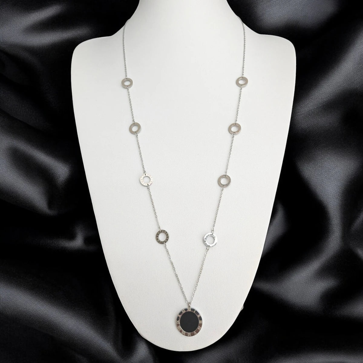 Ατσάλινο κολιέ μακρύ 75cm με κυκλικά στοιχεία (N3020) - charmy.gr