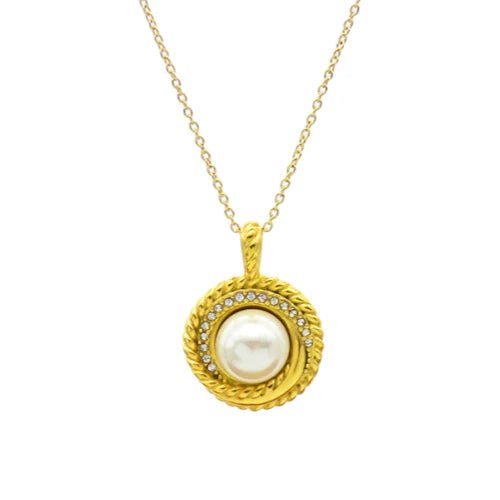 Ατσάλινο κολιέ με κυκλικό κρεμαστό με πέρλα & ζιργκόν επιχρυσωμένο (N3089) - charmy.gr