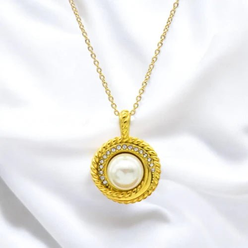 Ατσάλινο κολιέ με κυκλικό κρεμαστό με πέρλα & ζιργκόν επιχρυσωμένο (N3089) - charmy.gr