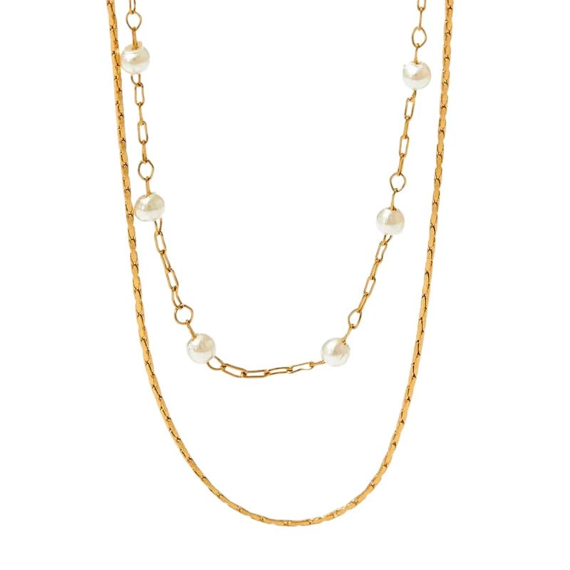 Ατσάλινο κολιέ με πέρλες διπλή αλυσίδα επιχρυσωμένο (N1666) - charmy.gr