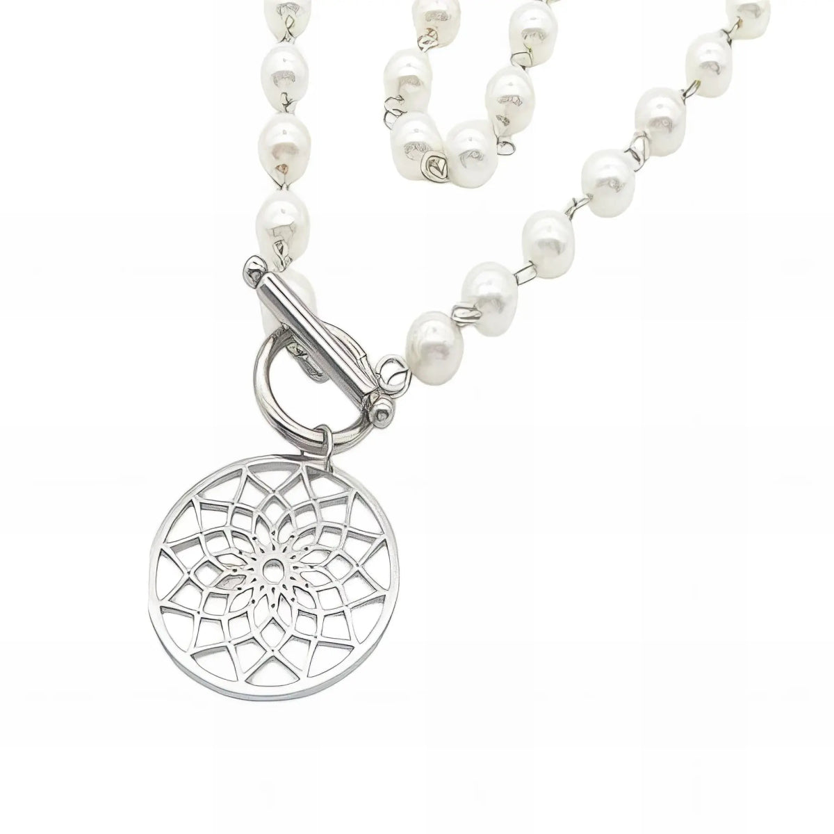 Ατσάλινο κολιέ με πέρλες & κρεμαστό κυκλικό στοιχείο (N3142) - charmy.gr