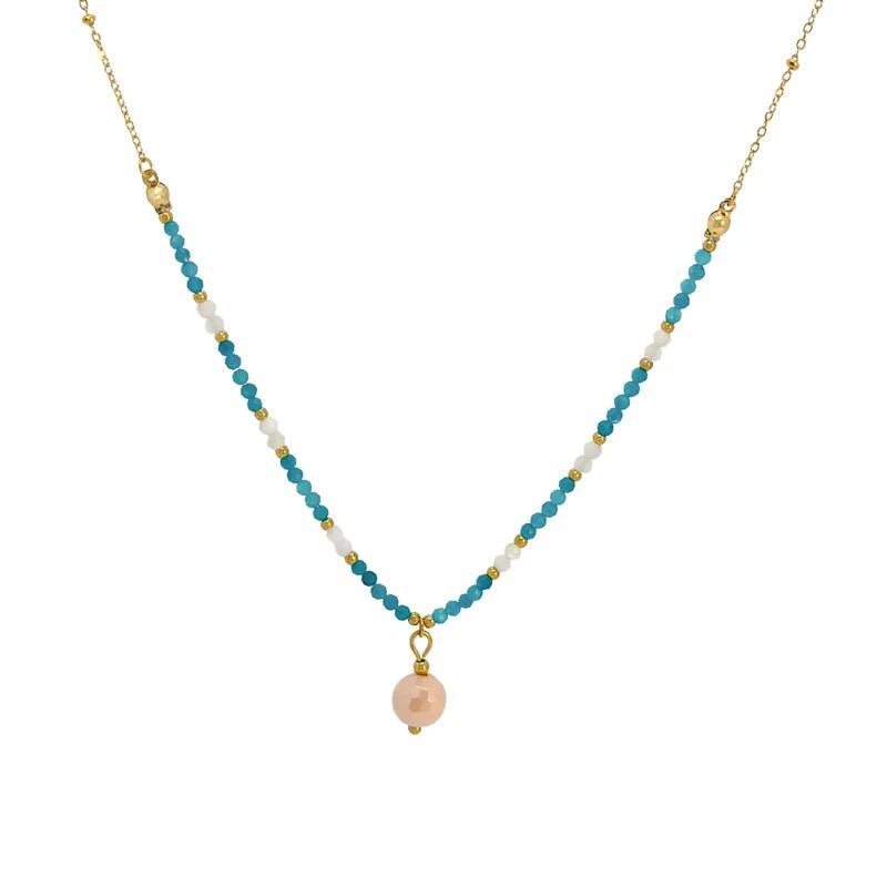 Ατσάλινο Κολιέ με Τιρκουάζ Χάντρες & Ροζ Μαργαριταρένιο Στοιχείο (N1806) - charmy.gr